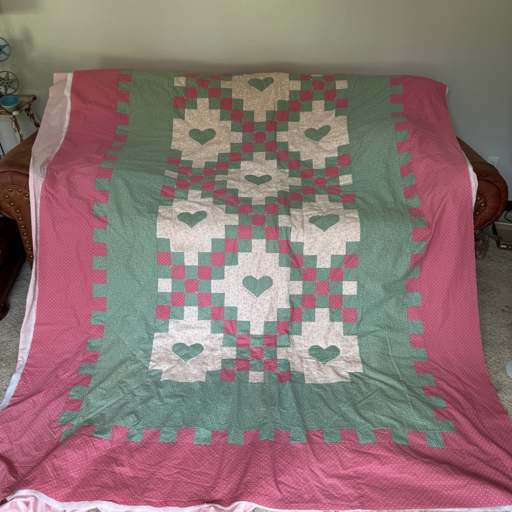 Handmade Heart Patchwork Quilt Sage Green Pink Floral 96x76.5 Unfinished